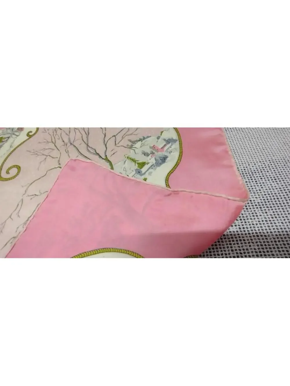 40s 50s Silk Pink Scarf CHRISTMAS WINTER SCENES Victorian Carriage Chartreuse